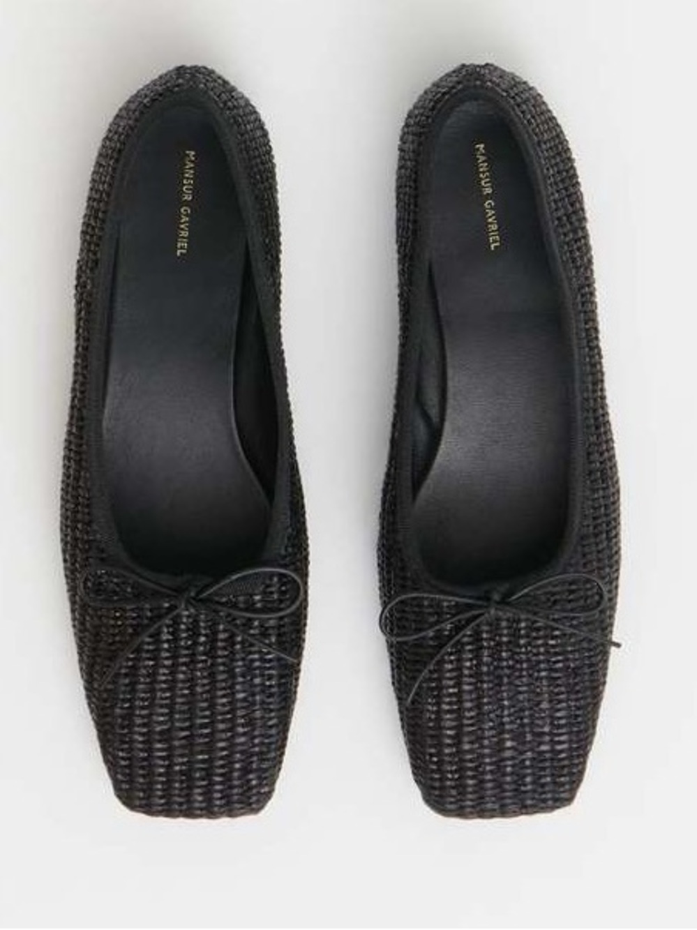 Mansur Gavriel Square Toe Woven Raffia Black Bow Ballerina Flats Size 40/US 10